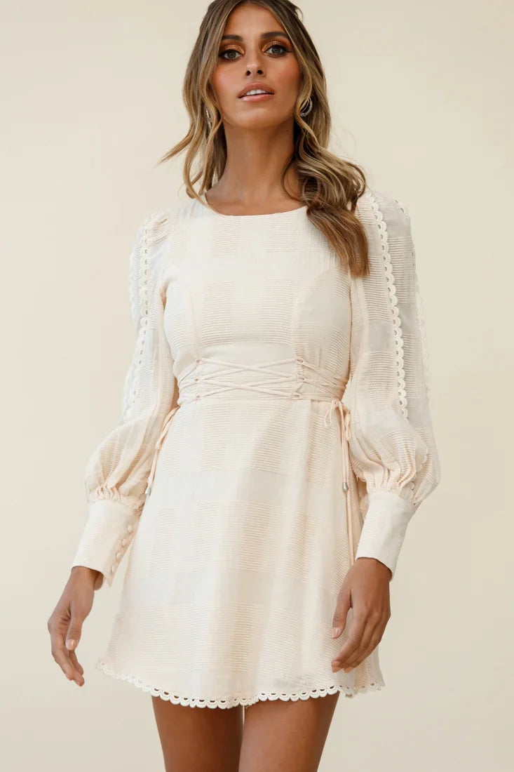 Harley Long Cuffed Sleeve Corset Detail Dress Beige