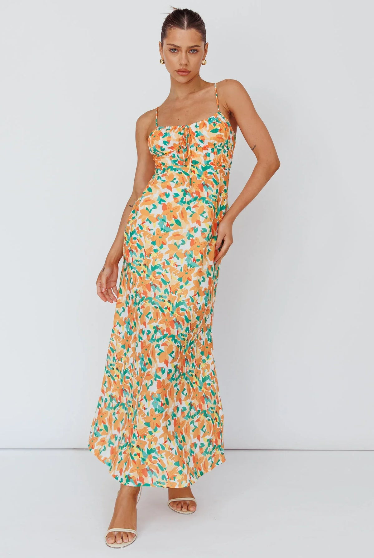 Solstice Noon Tied Bust Midi Dress Print Orange