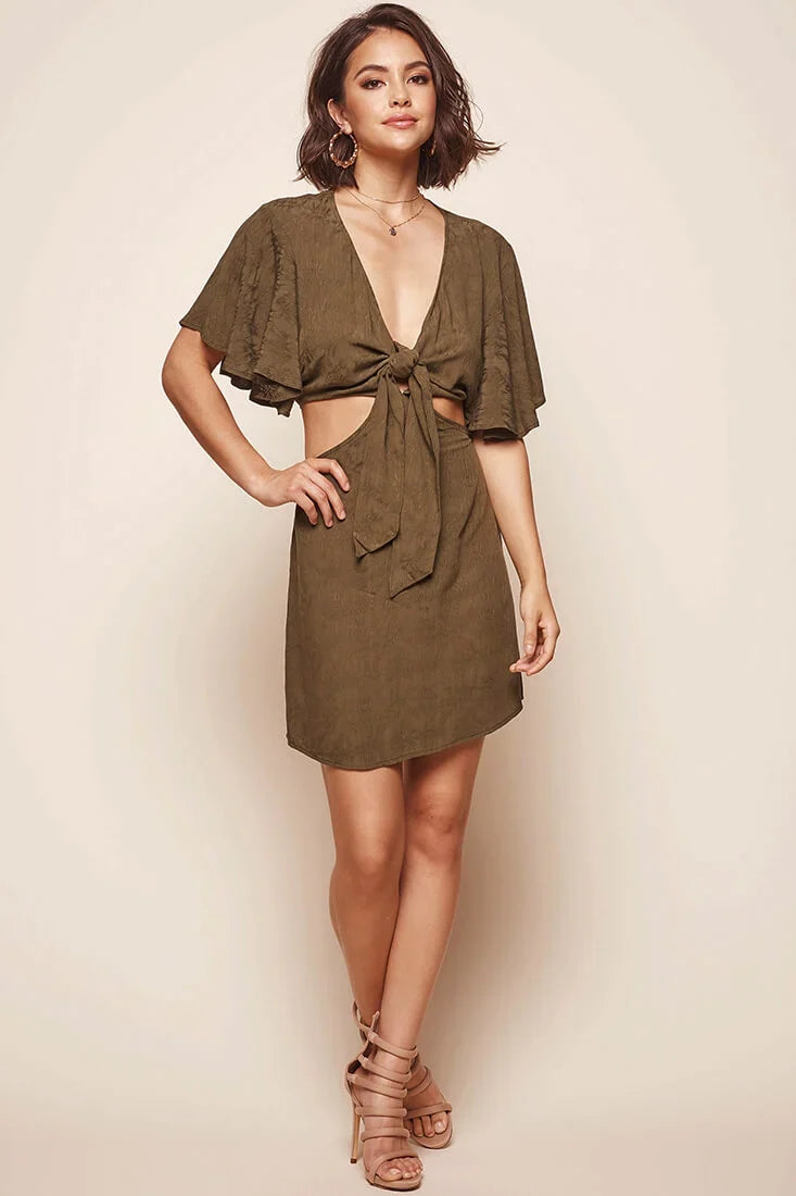Selfie Batwing Bust Tie Dress Olive