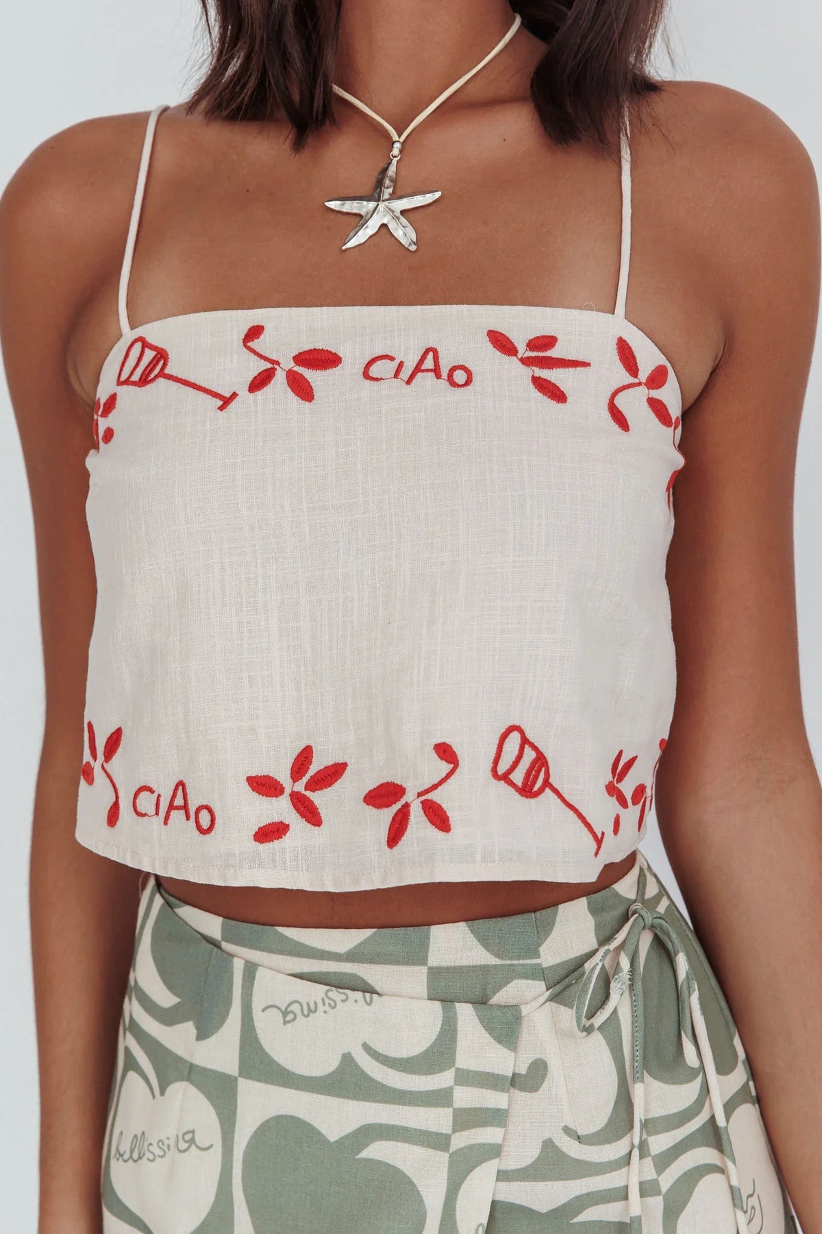 Sorrento Summer Embroidered Crop Top Oat