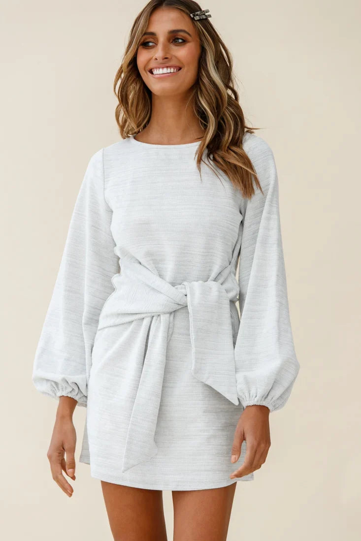 Rapt Waist Tie Bishop Sleeve Knit Dress Steel Grey