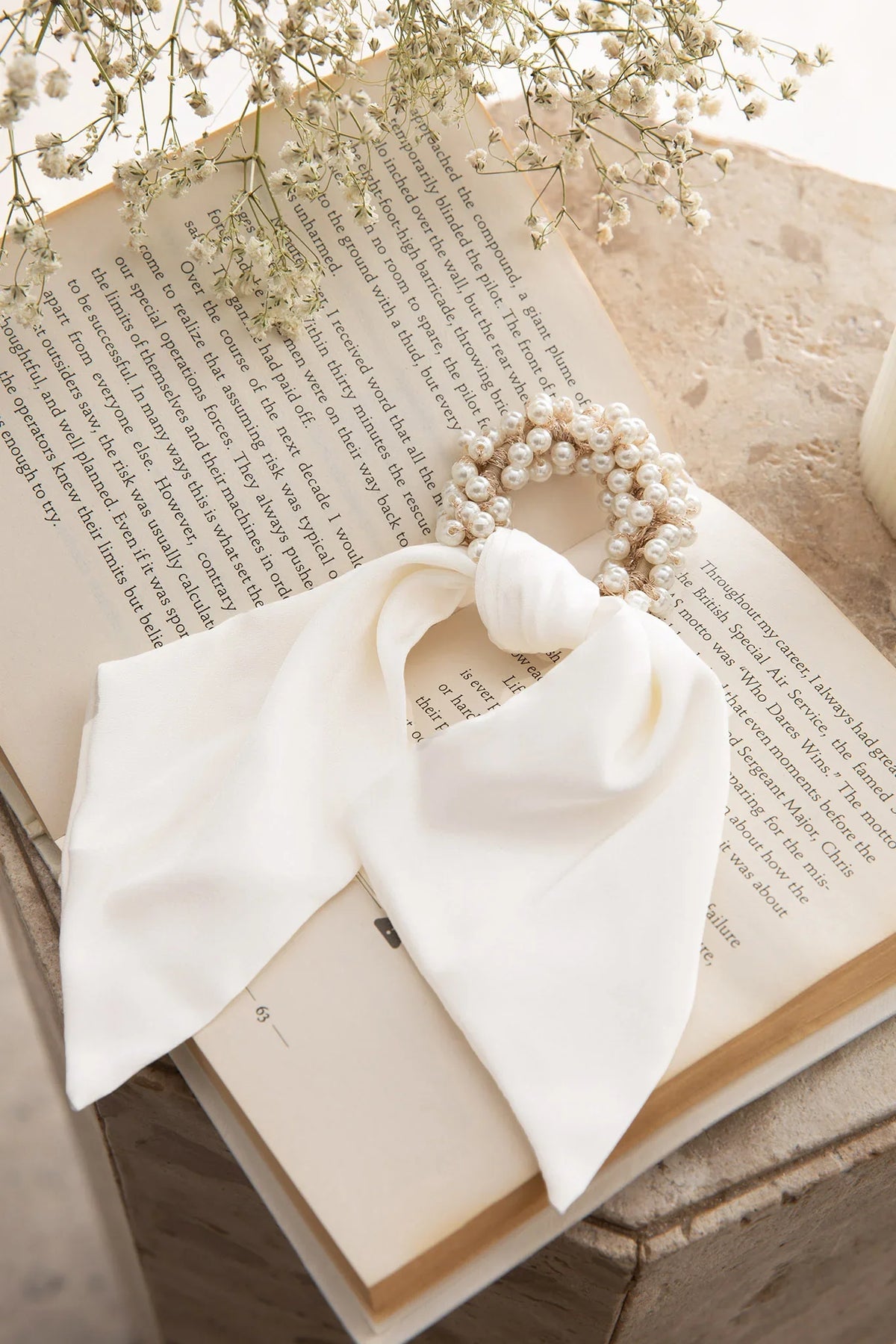 Carina Pearl & Satin Bow Hair Tie White