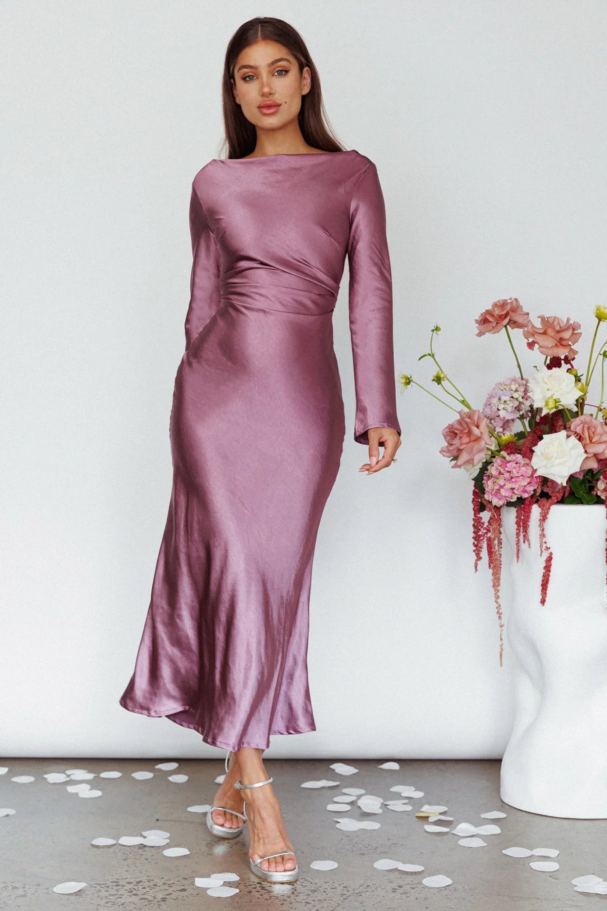 Loveland Cowl Back Midi Dress Grape
