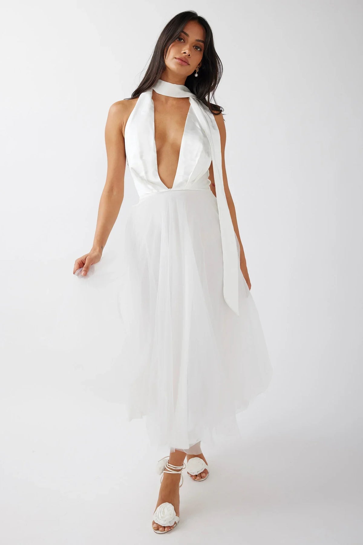 Darci Plunging Neckline Tulle Midi Dress White