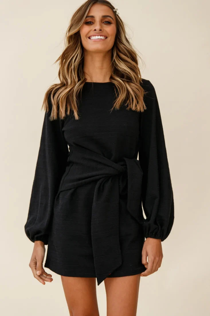 Rapt Waist Tie Bishop Sleeve Knit Dress Black