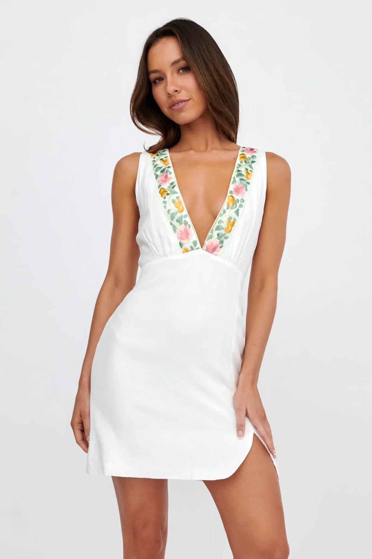 Cozumel V-Neck Embroidered Mini Dress White