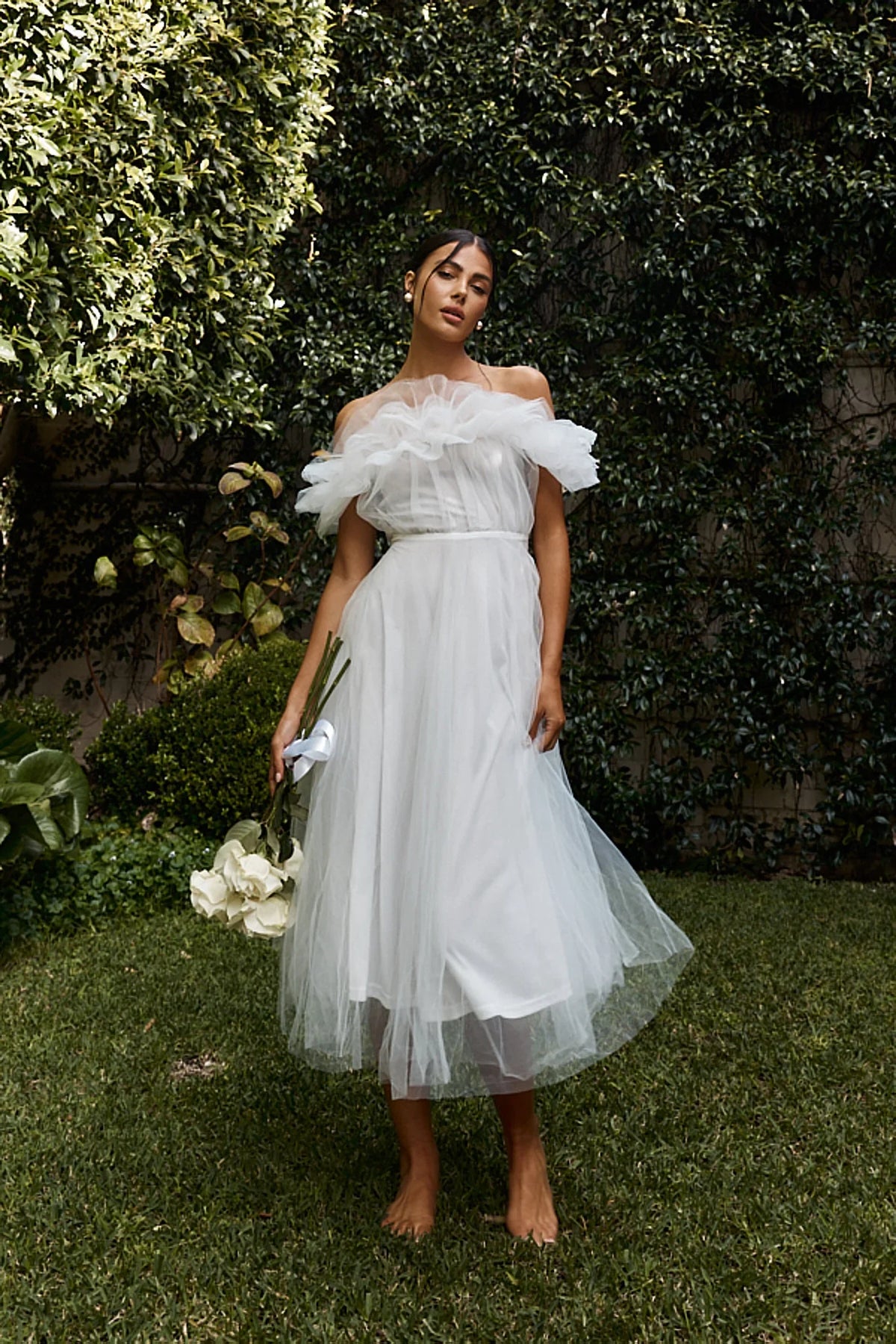 May Rose Off-Shoulder Tulle Midi Dress Off White
