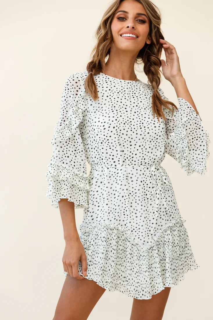 Yours Sincerely Three-Quarter Sleeve Accordion Pleat Dress Speckle Print White