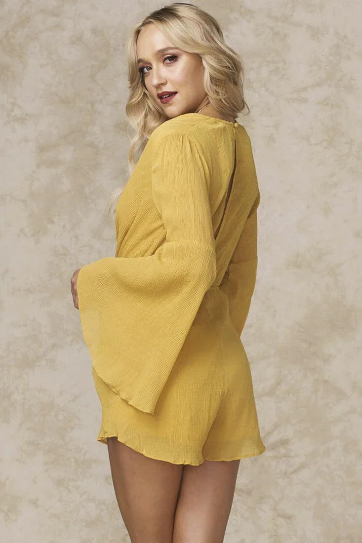 Yonce Deep V Bell Sleeve Romper Mustard