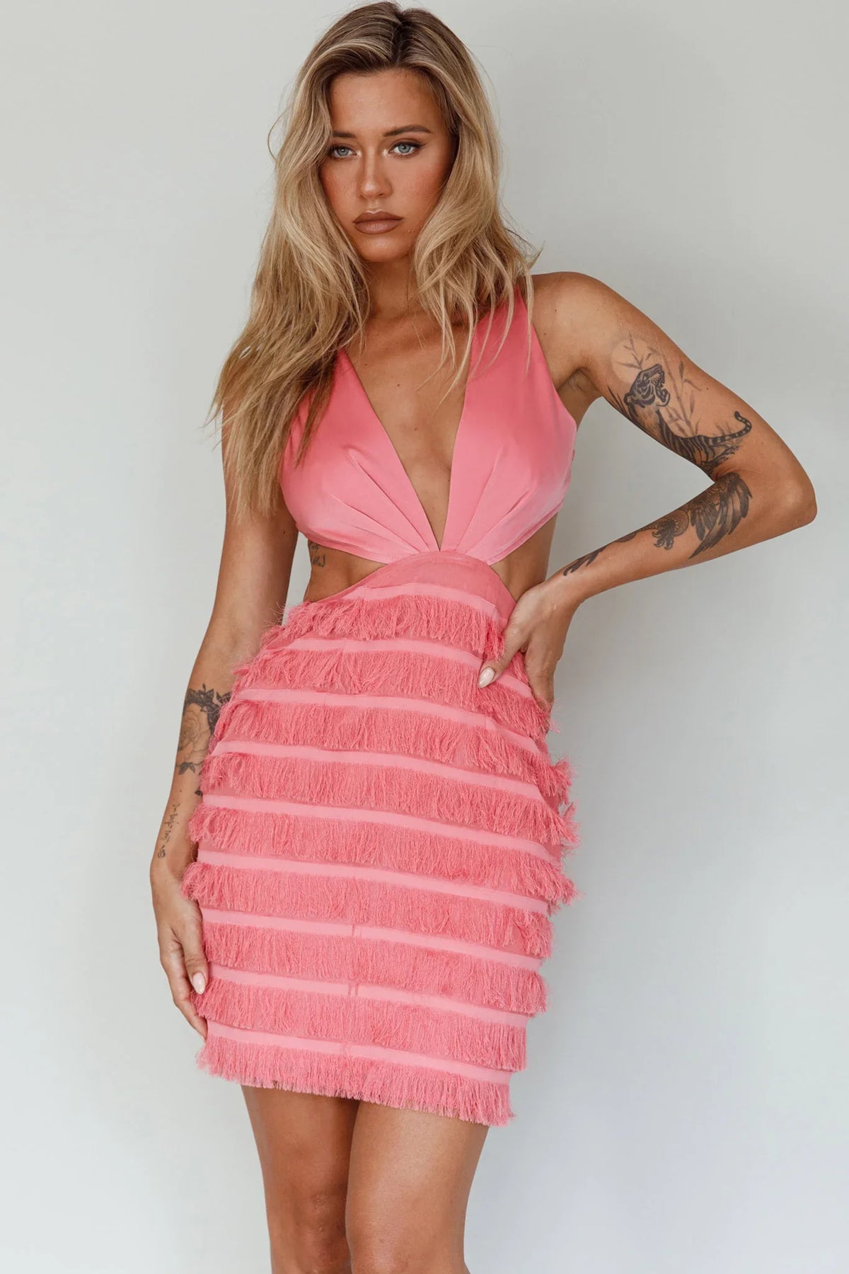 Jolie Fringing Detail Mini Dress Barbie Pink