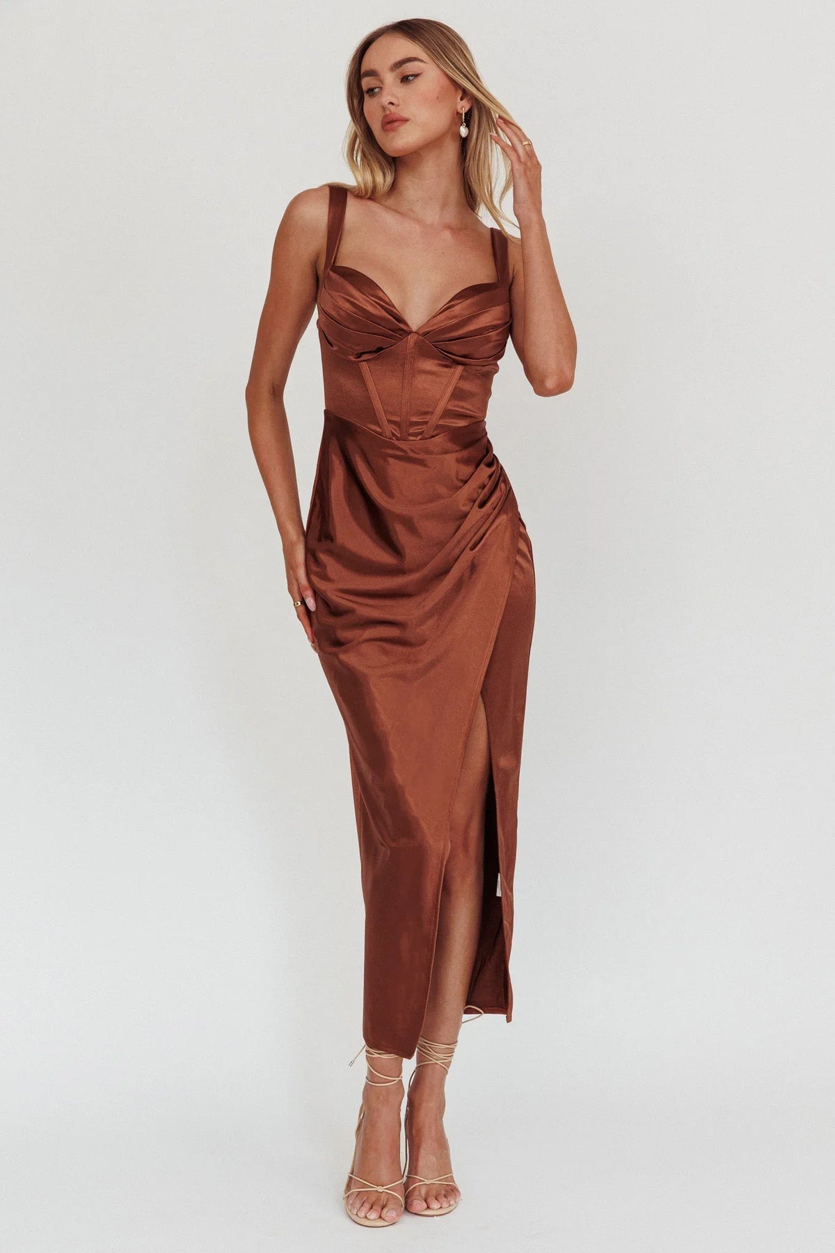 Whimsy Pleated Bust Midi Dress Chocolate
