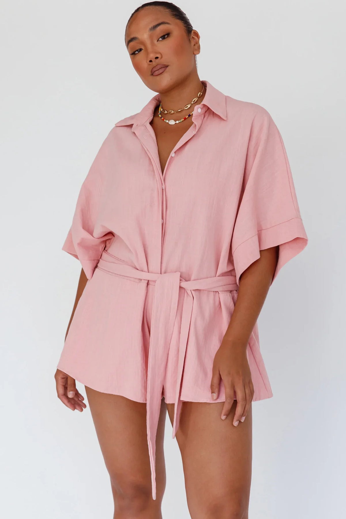 Daytona Beach Button-Up Romper Pink