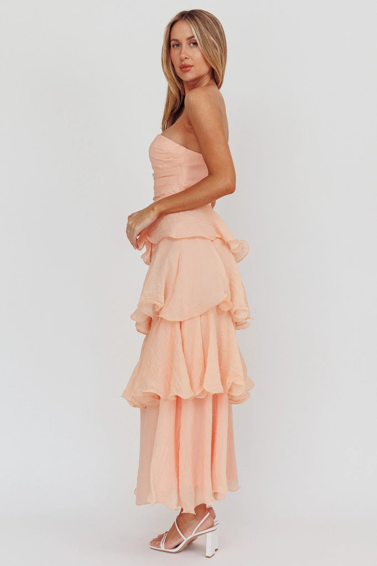 Giavana Strapless Layered Ruffles Midi Dress Blush