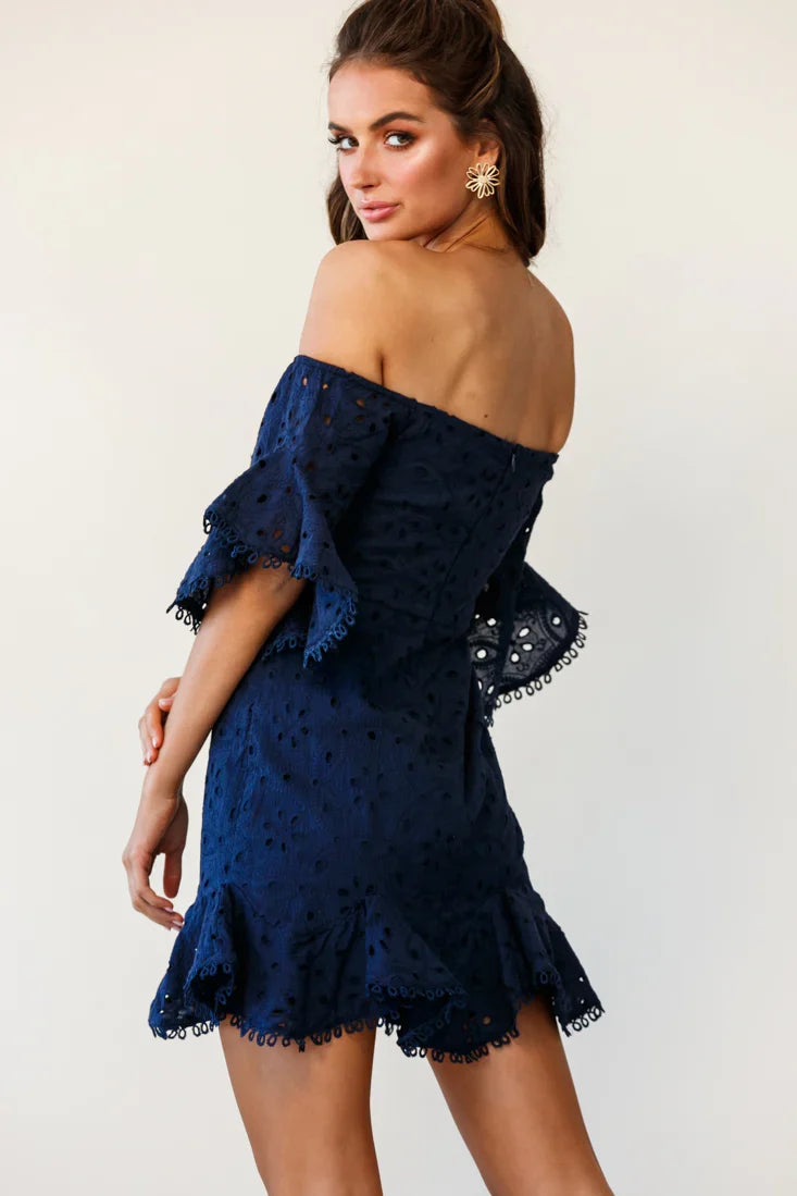 Elissa Off-Shoulder Broderie Anglaise Dress Navy