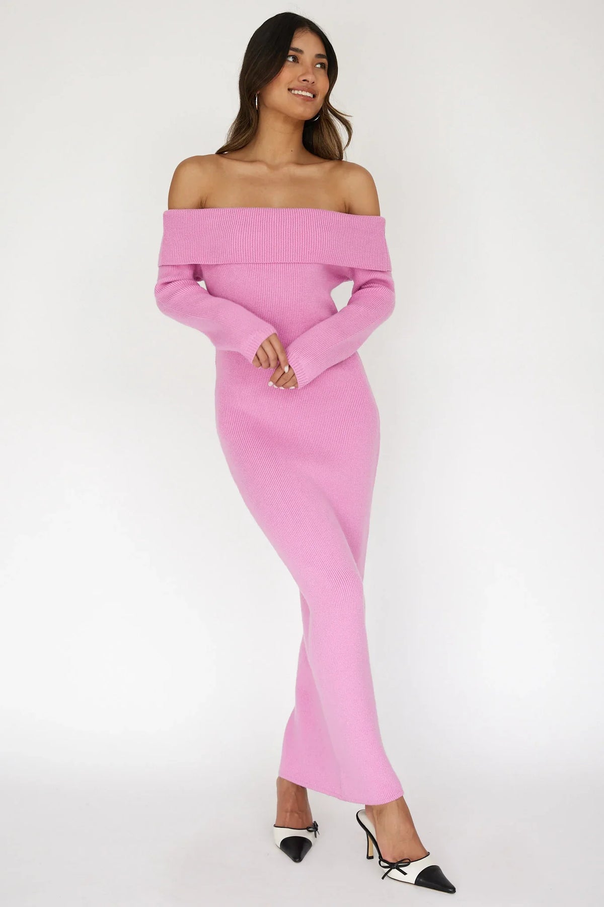 Winter Wonder Off-Shoulder Knit Maxi Dress Pink