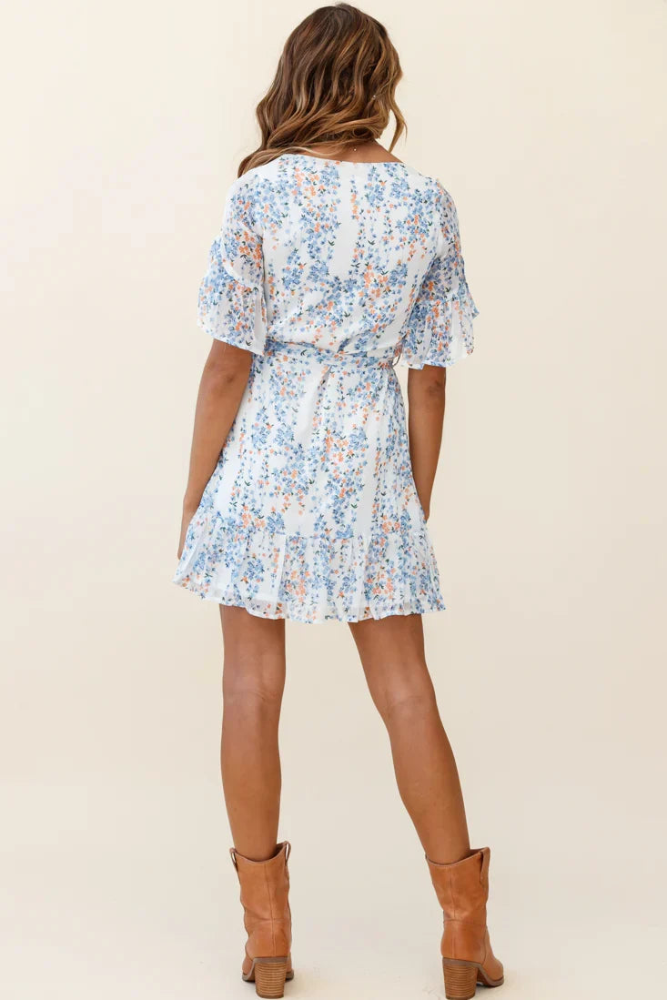 Azealia Ruffle Hem Dress Floral Spring Print White