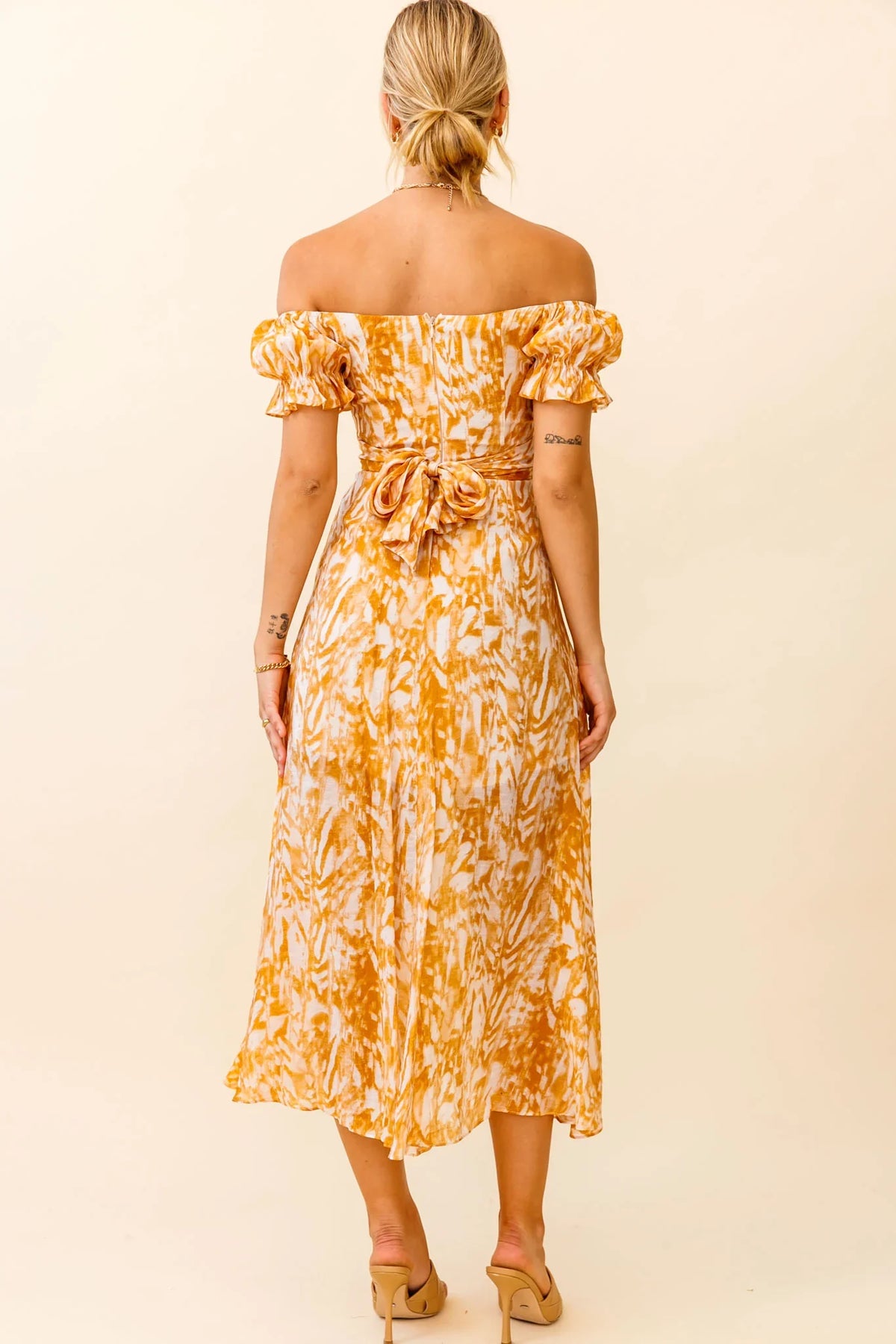 Linka Off-Shoulder Tie Back Midi Dress Printed Orange