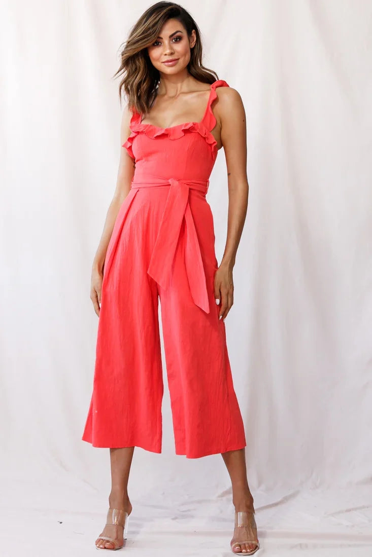 Kaia Ruffle Strap Wide-Leg Capri Jumpsuit Red