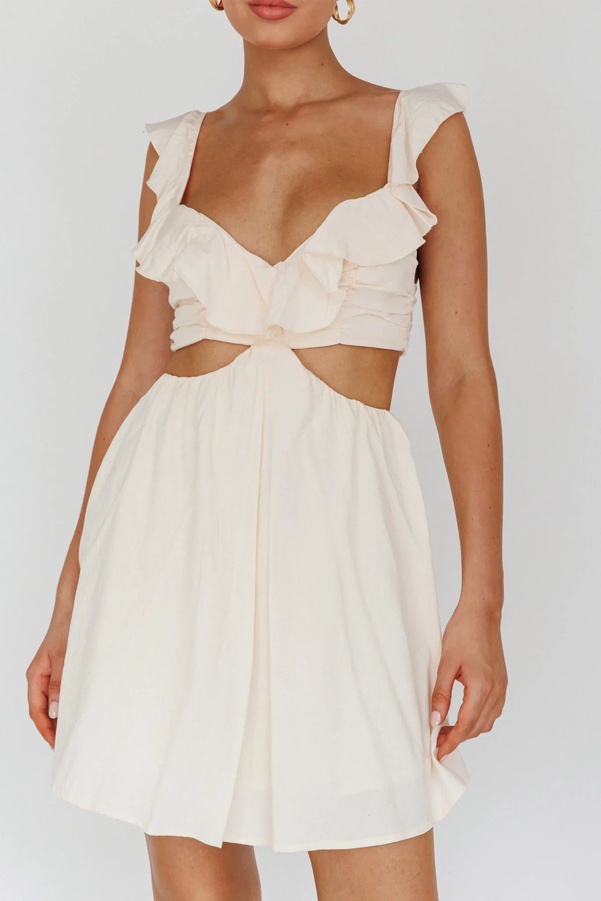 Revel Ruffle Trim Cut-Out Waist Dress Ivory