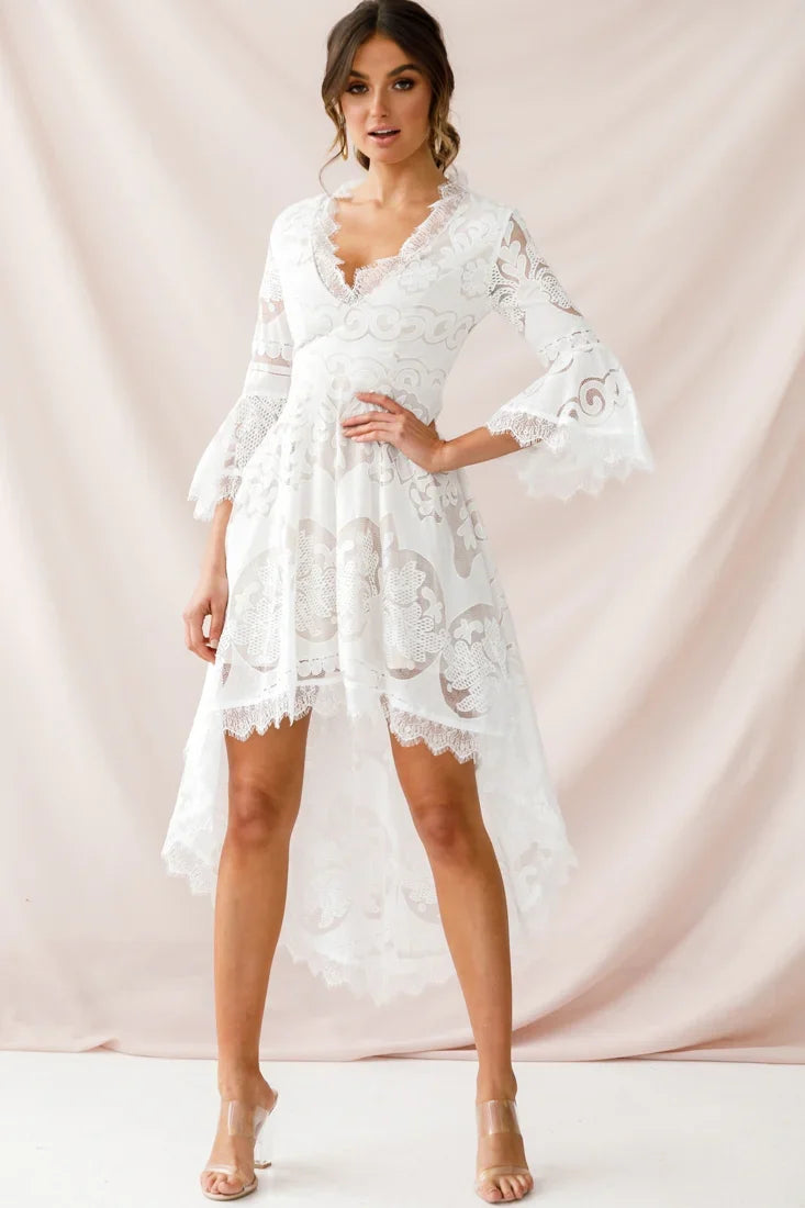 Chantilly High-Low Bell Sleeve Dress White