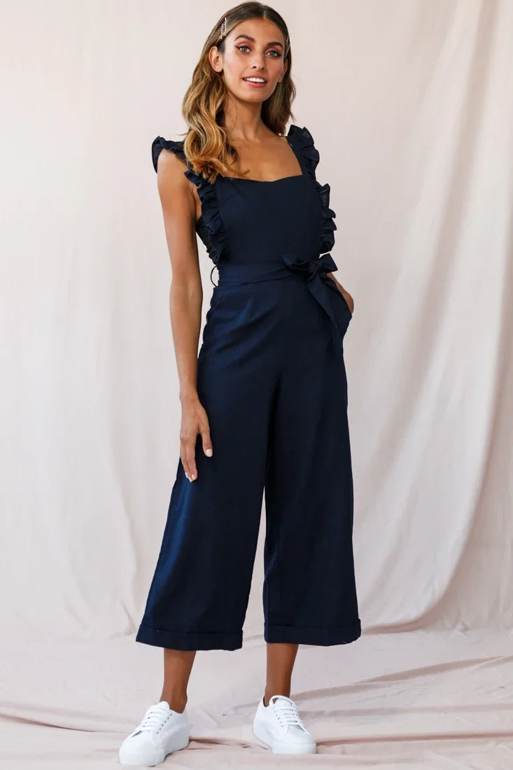 Serenade Ruffle Strap Pinafore Jumpsuit Navy