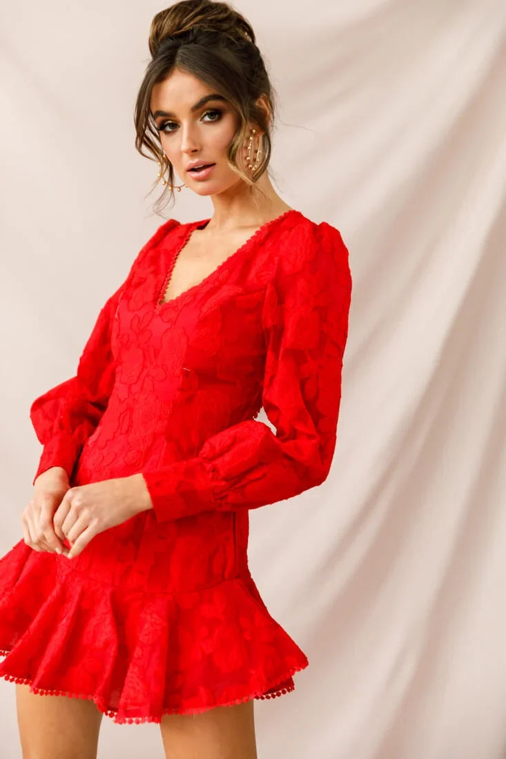 Camellia Open Back Cuff Sleeve Dress Red