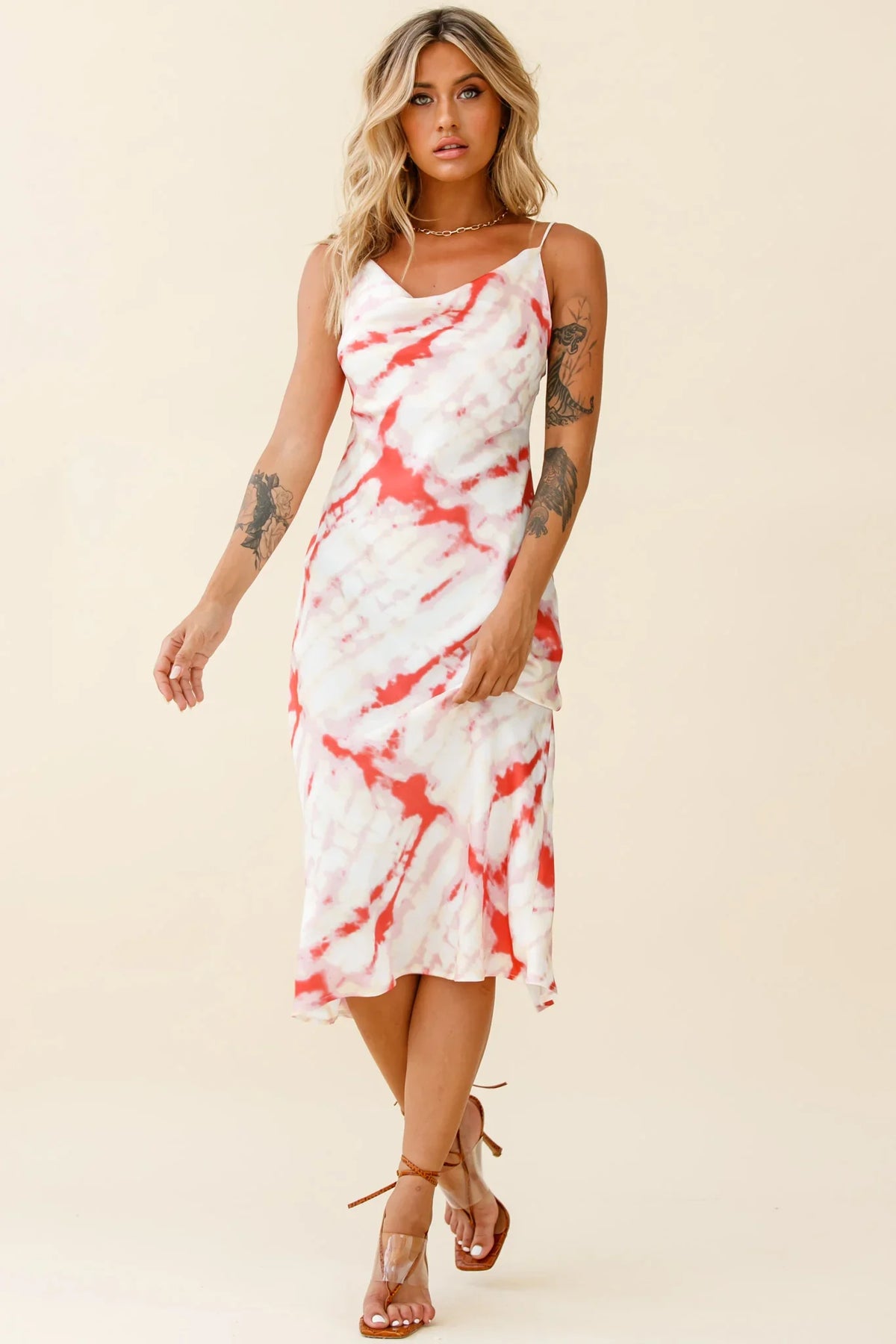 Show Me Love Cowl Neck Midi Dress Tie-Dye Red