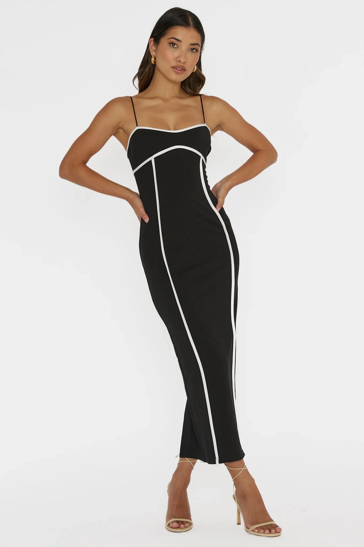 Justyna Contrast Piping Trim Midi Dress Black