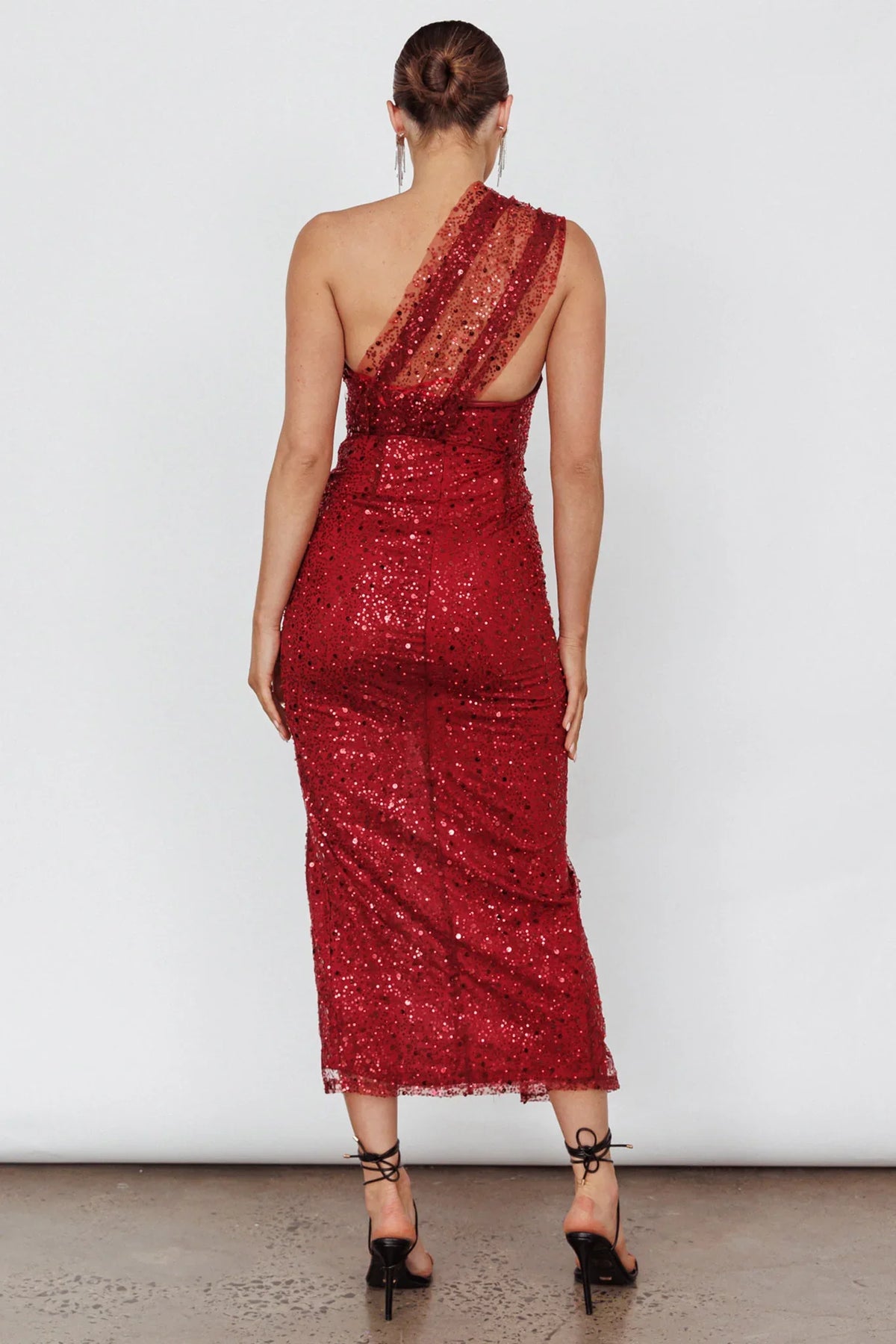 Doniella One-Shoulder Split Sequin Maxi Dress Wine