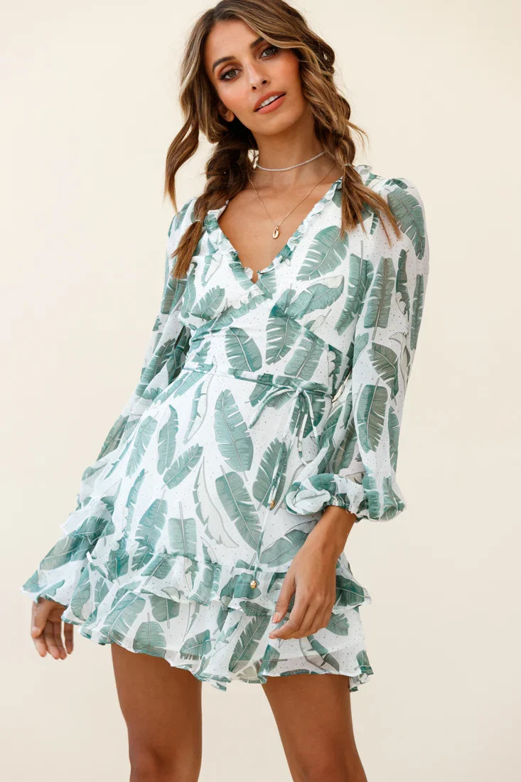 Tozzi Long Balloon Sleeve V-Neckline Dress Feather Print White