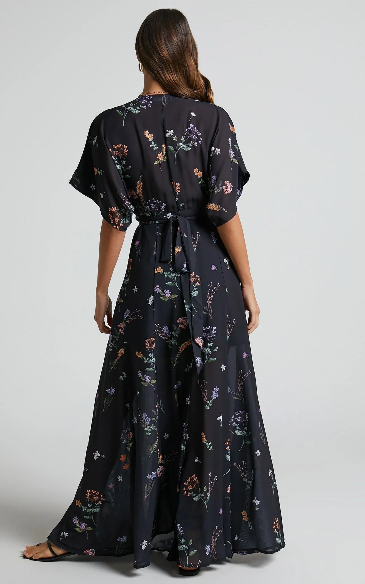 Erenza Maxi Dress - Extended Sleeve Wrap Dress in Black Flower Field