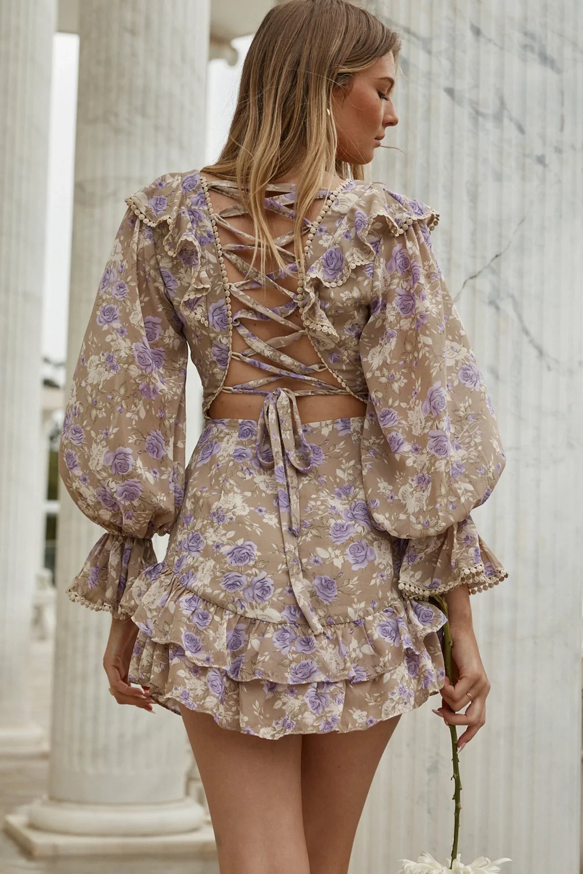 Charade Long Sleeve Corset Back Dress Floral Print Lilac