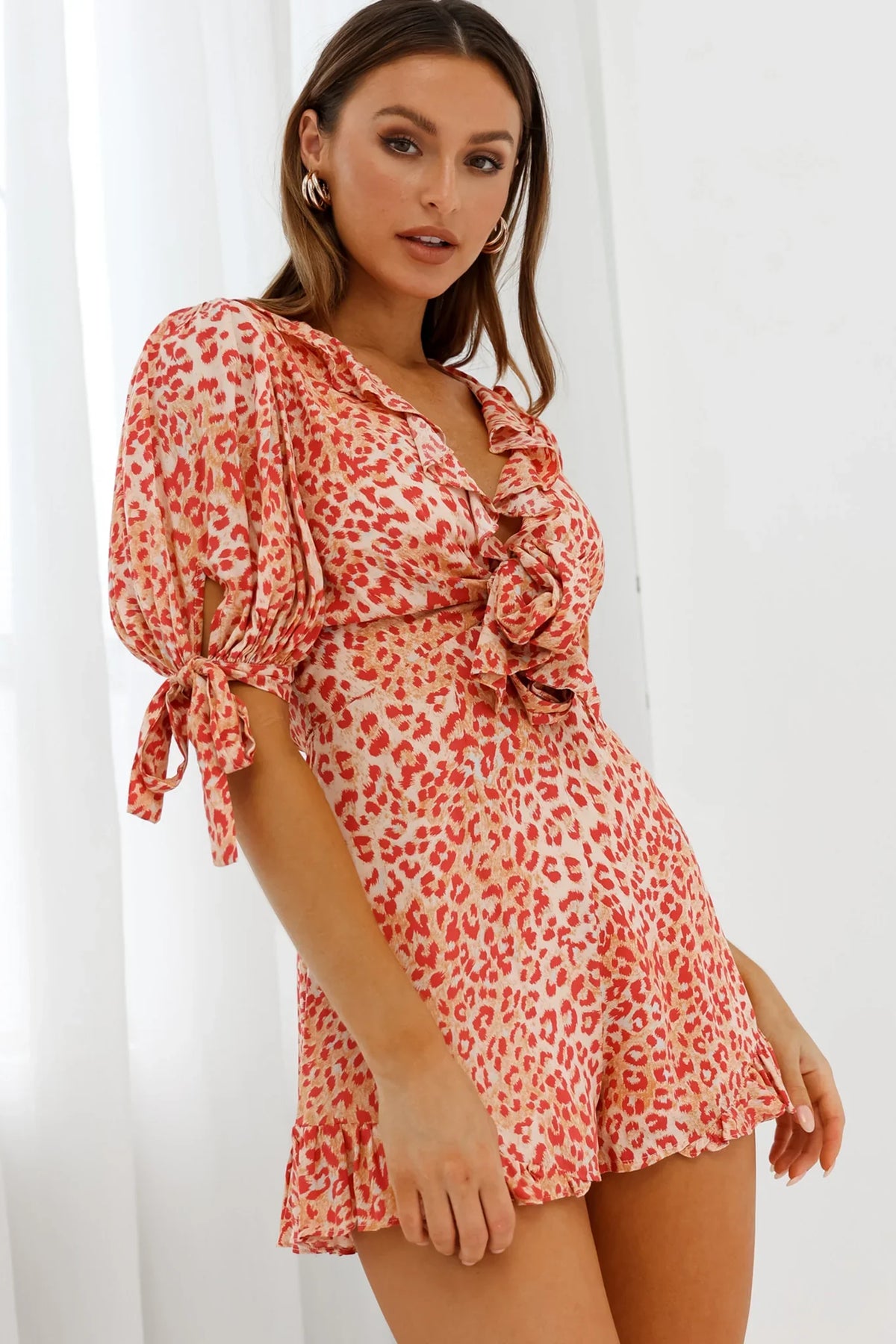 Francine Short Sleeve Tied Bust Romper Leopard Print Orange