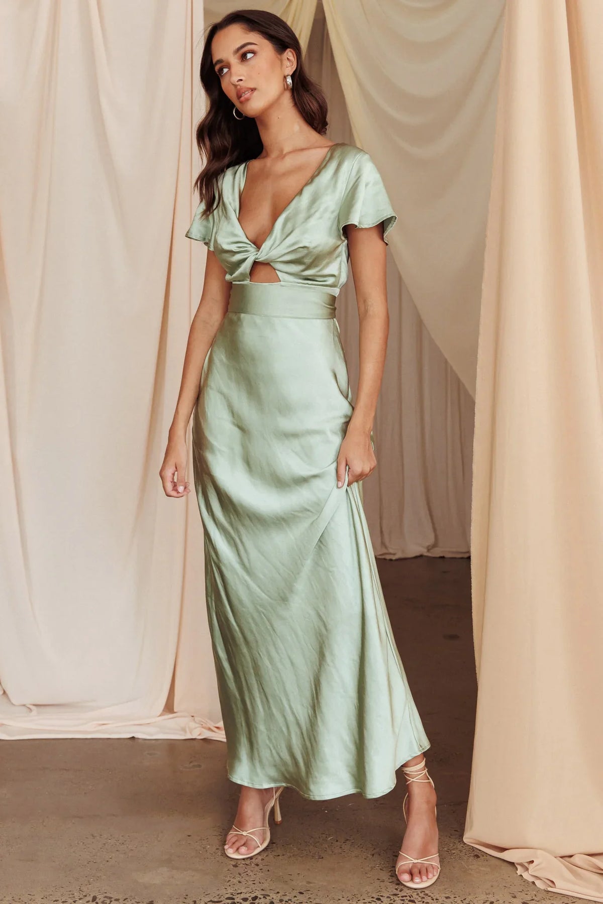 Irena Twist Bust Short Sleeve Dress Sage