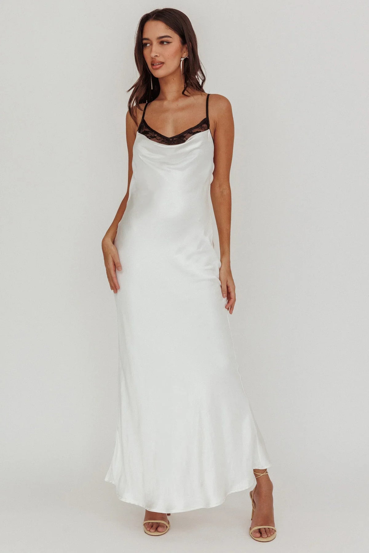 Gentle Touch Cowl Neck Satin Maxi Dress White