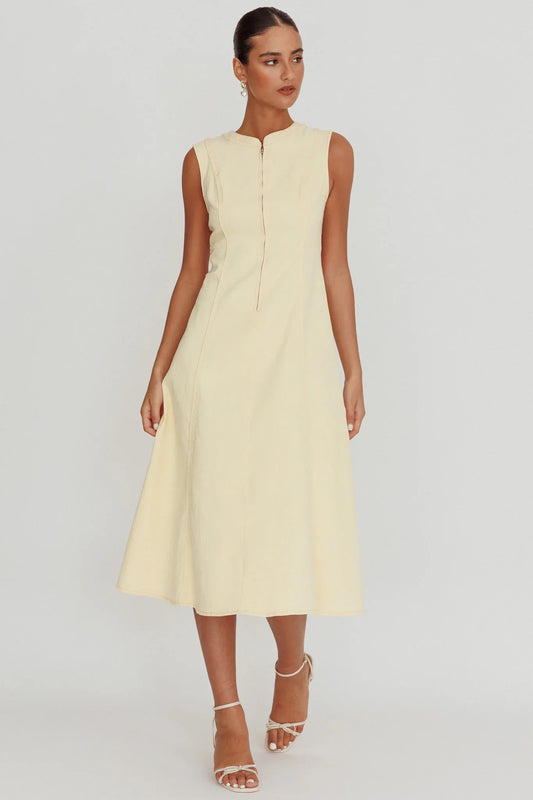 Passionate Flame Sleeveless A-line Midi Dress Beige