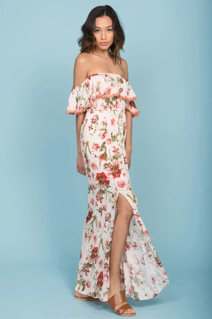 Tuscany Off The Shoulder Maxi Dress White & Red