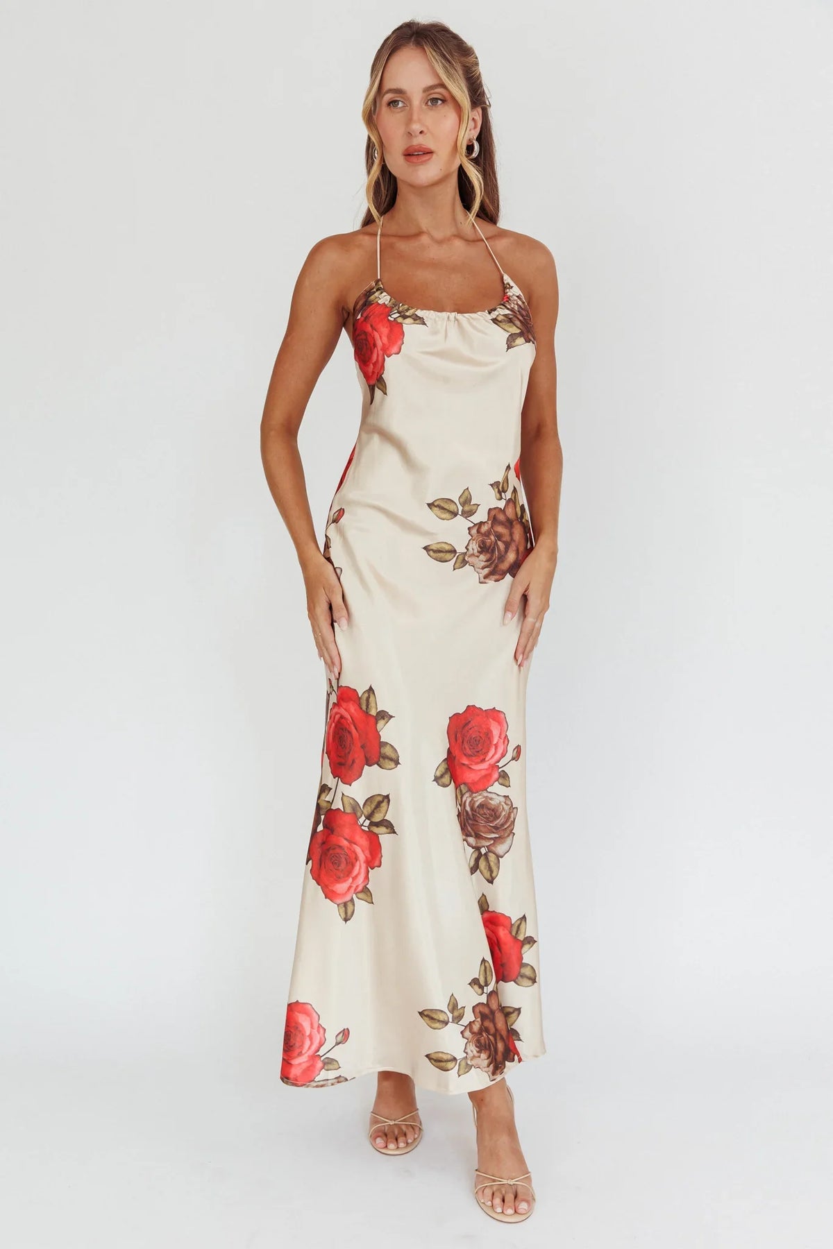 Aspen Spring Lace-Up Back Maxi Dress Floral Beige