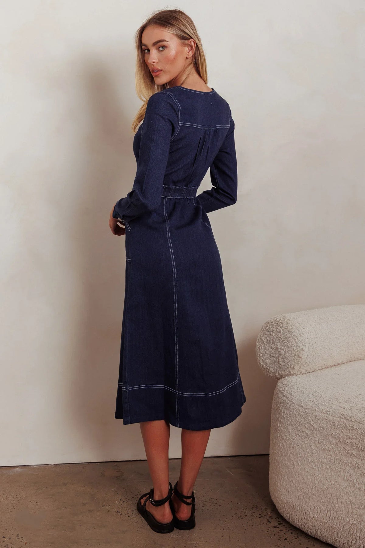 Aspen Love Front Pocket Long Sleeve Midi Dress Indigo