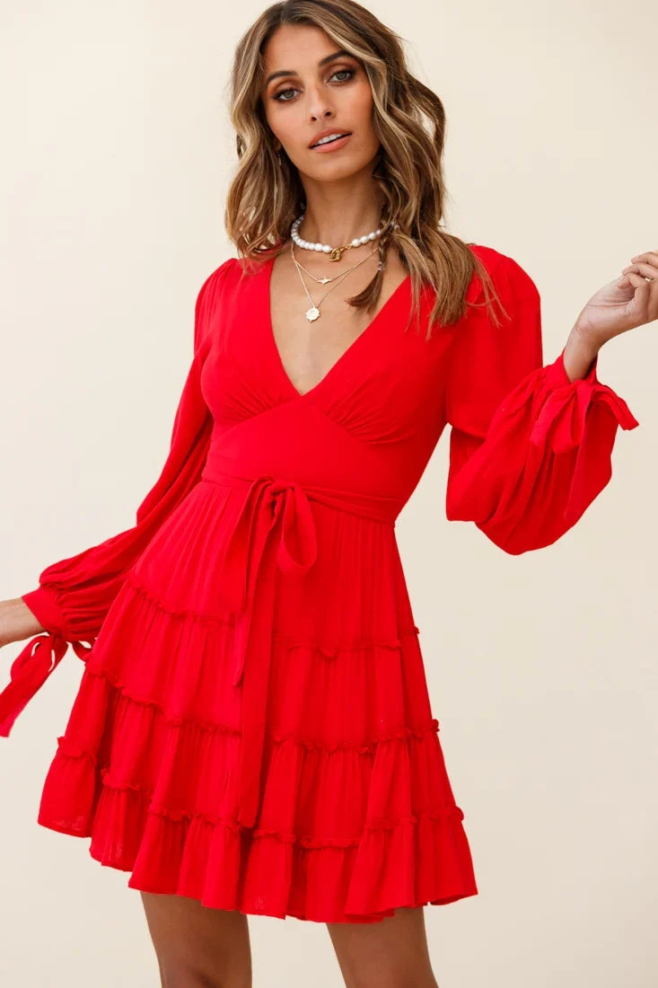 Jocelyn Long Sleeve Tied Cuff Frill Dress Red