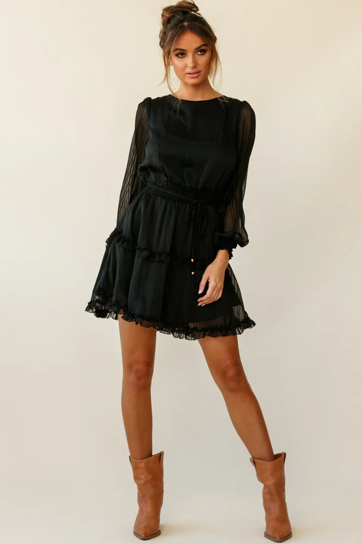 Mildred Long Sleeve Shirred Waist Frill Dress Black