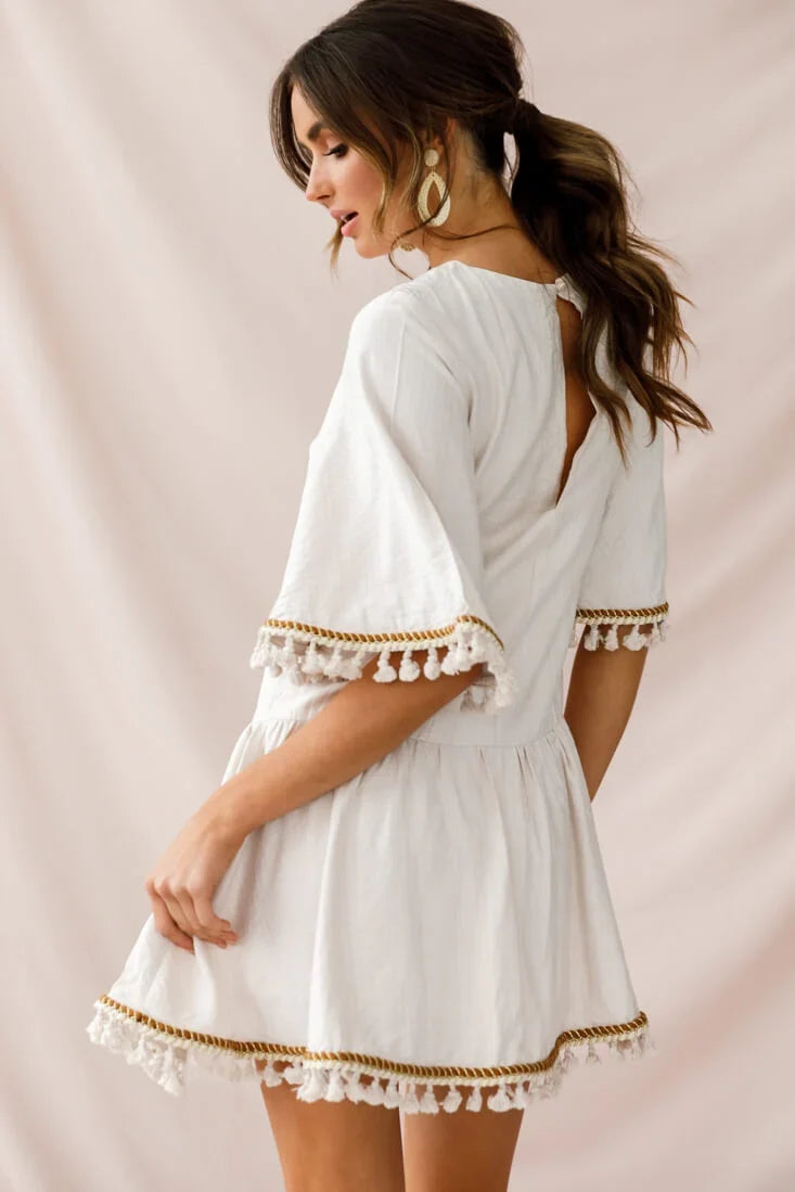 Donna Dropped Waist Tassel Dress Beige