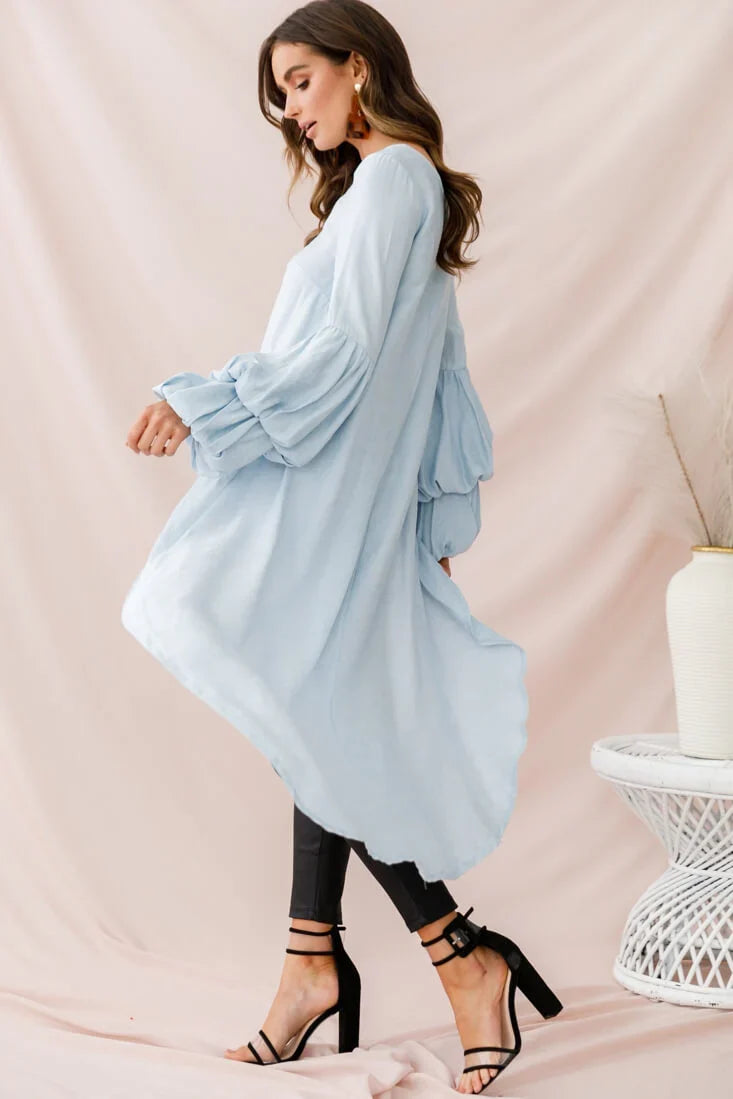 Elaine High Low Balloon Sleeve Top Blue