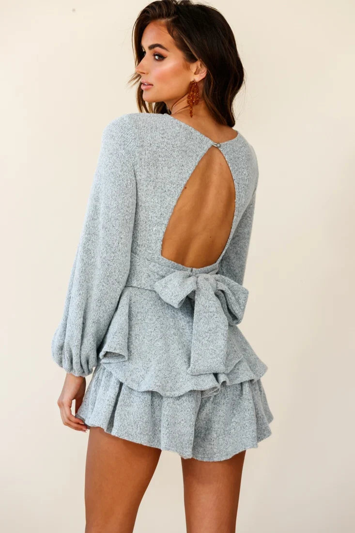 Talk About It Balloon Sleeve Open Back Knit Romper Grey