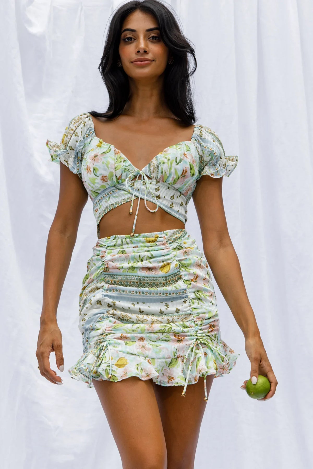 Azure Sky Ruched Mini Skirt Printed Green