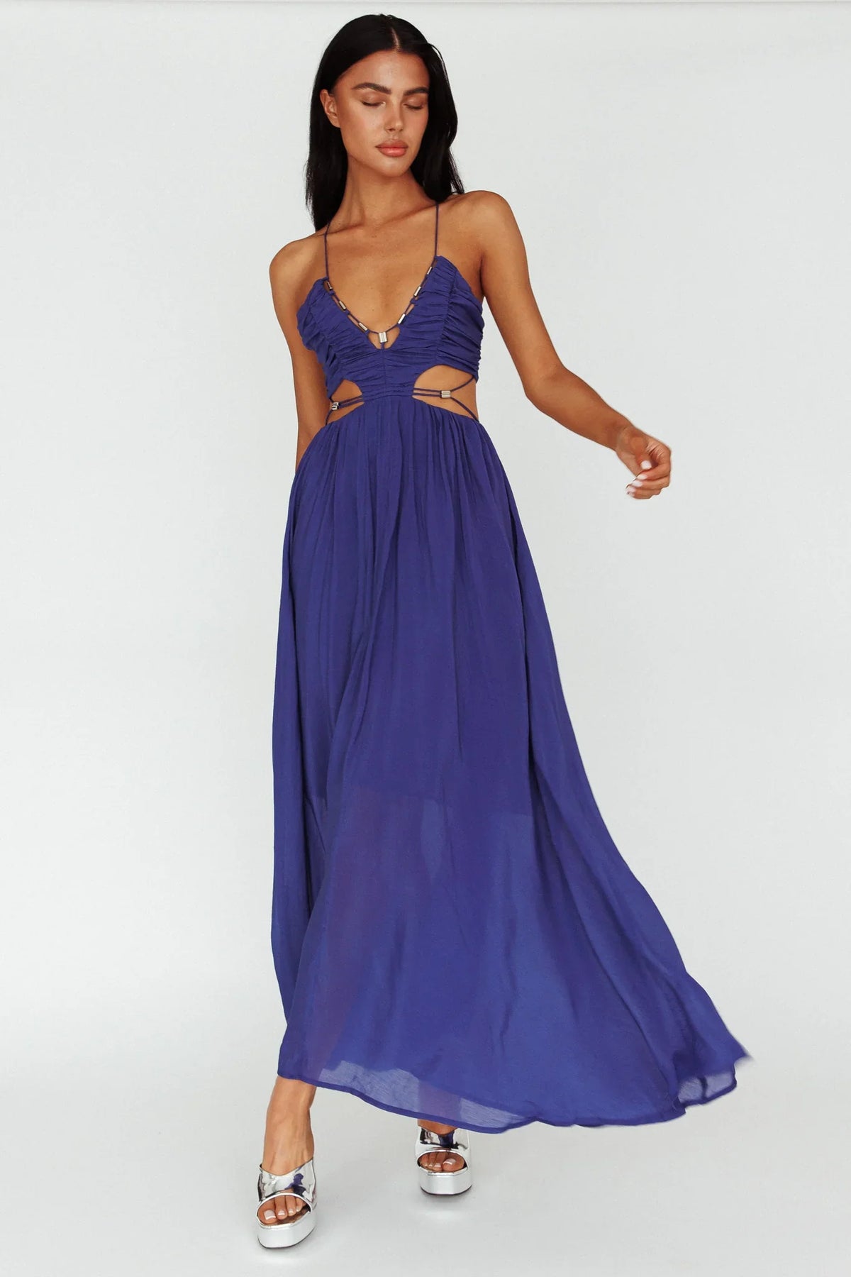 Tenyl Open Back Strappy Midi Dress Navy