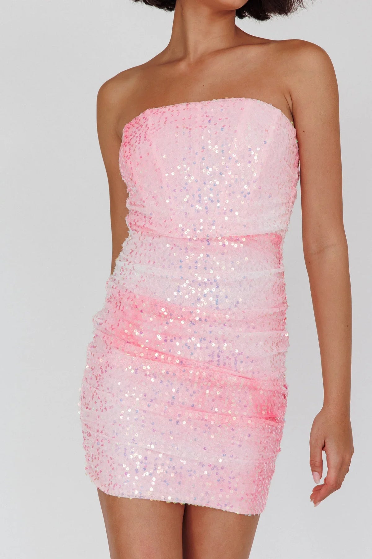 Calen Ruched Sequin Mini Dress Pink
