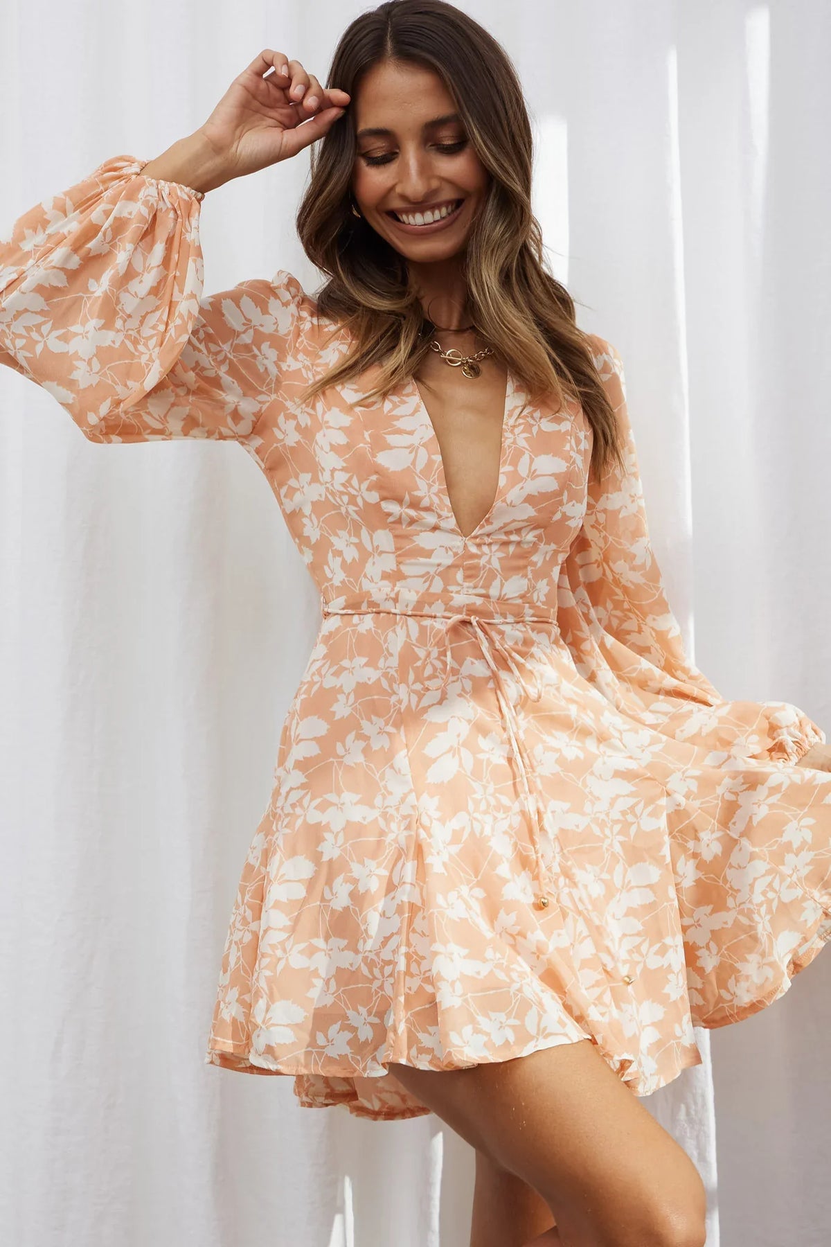 Estelle Long Sleeve V-Neckline Dress Leaf Print Rose