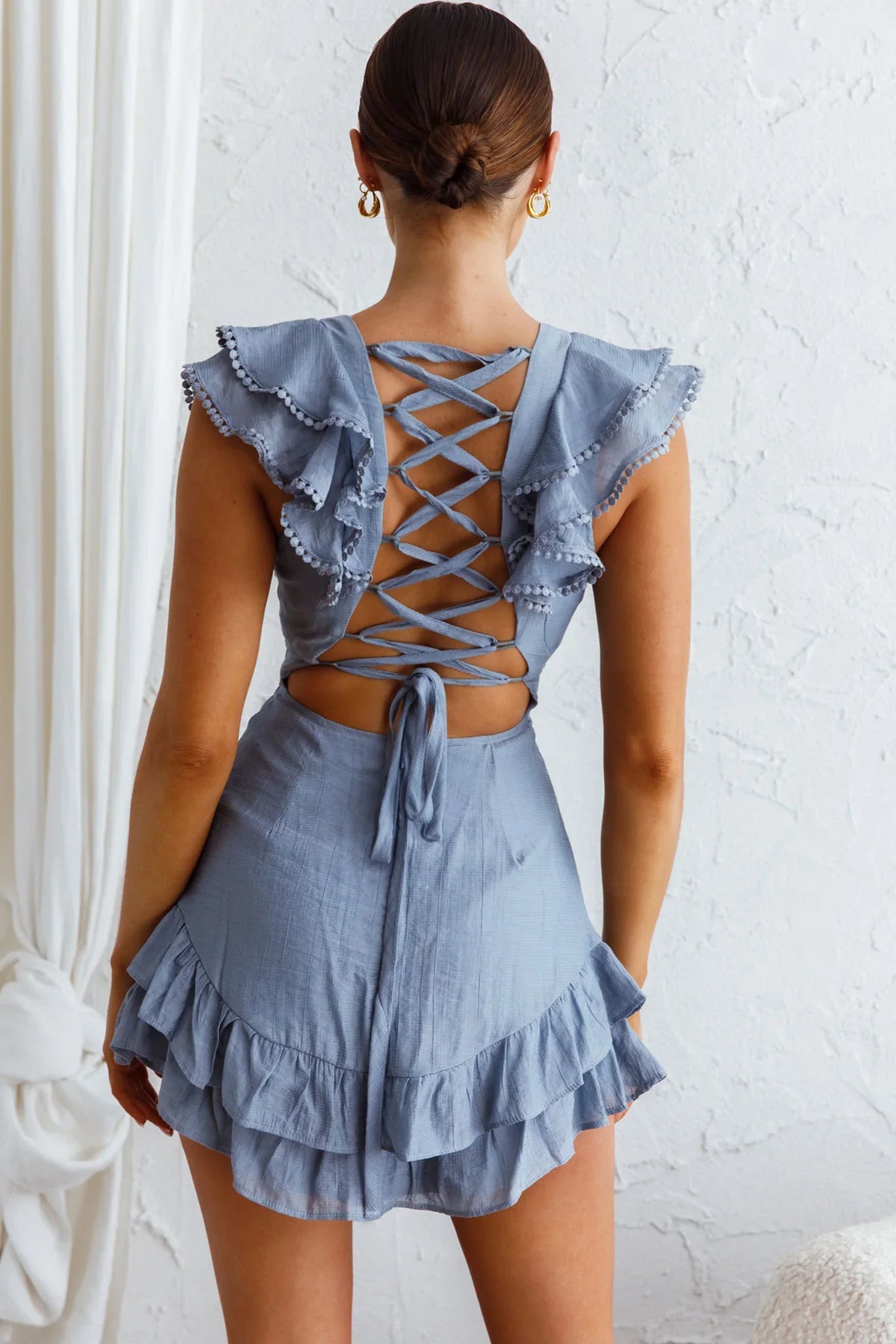 Charade Ruffle Shoulder Corset Back Dress Midnight Blue