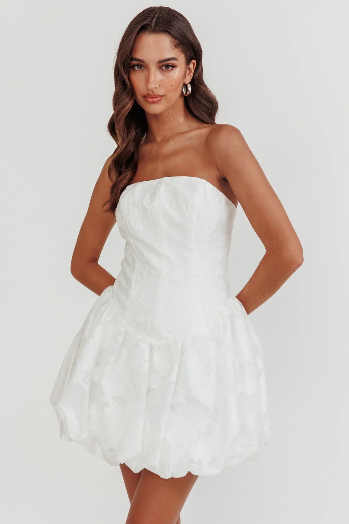 Monti Strapless Bubble Hem Mini Dress Embroidered White